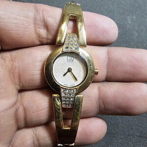 ESQ Swiss Womens Quartz Watch Gold Tone Crystal Accents Working E5227 Flawed sho